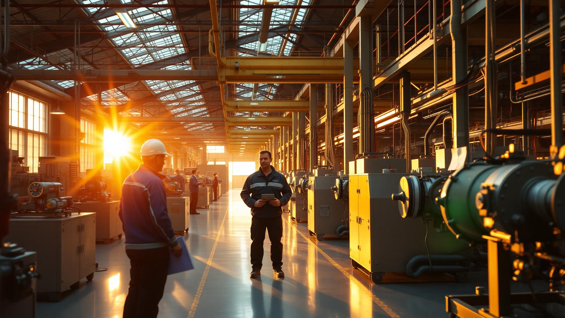Atelier industriel français en activité au coucher du soleil