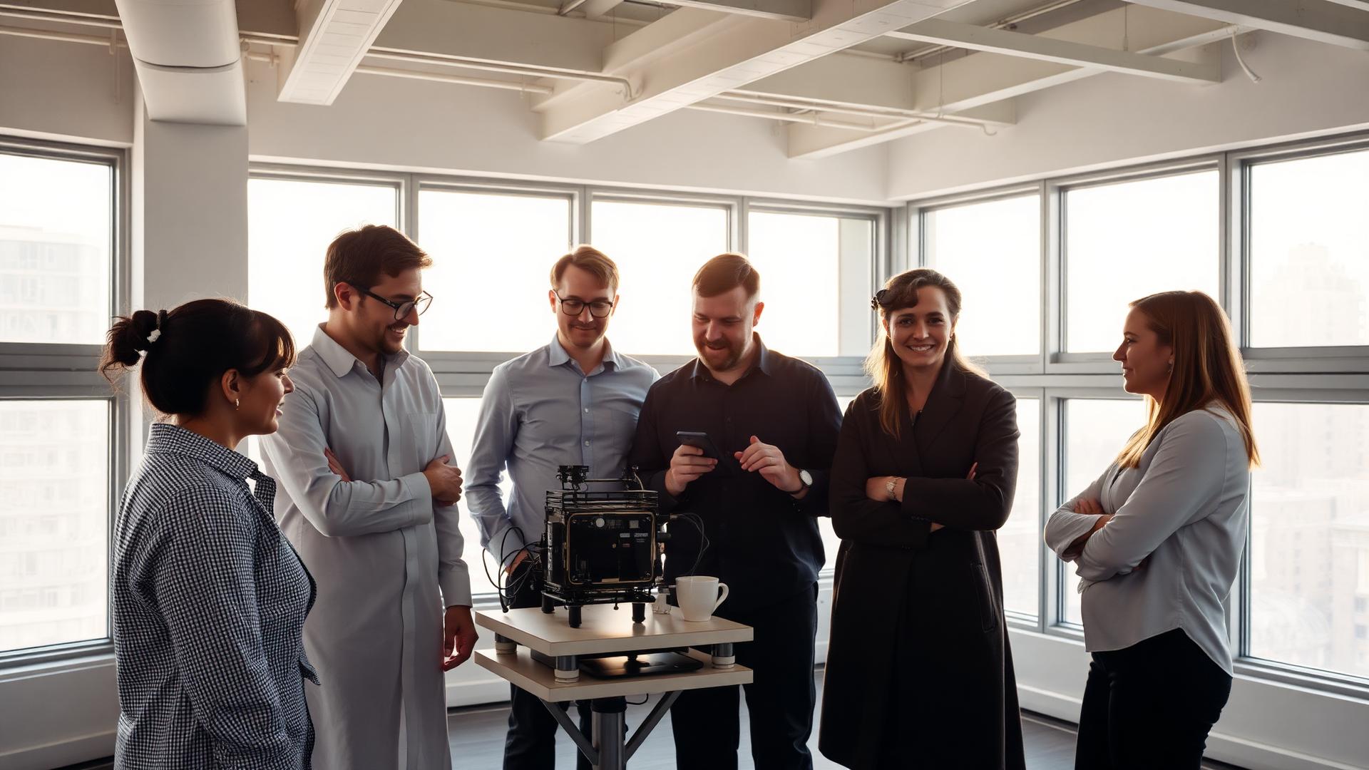 Équipe de recherche autour d'un prototype dans un laboratoire d'innovation